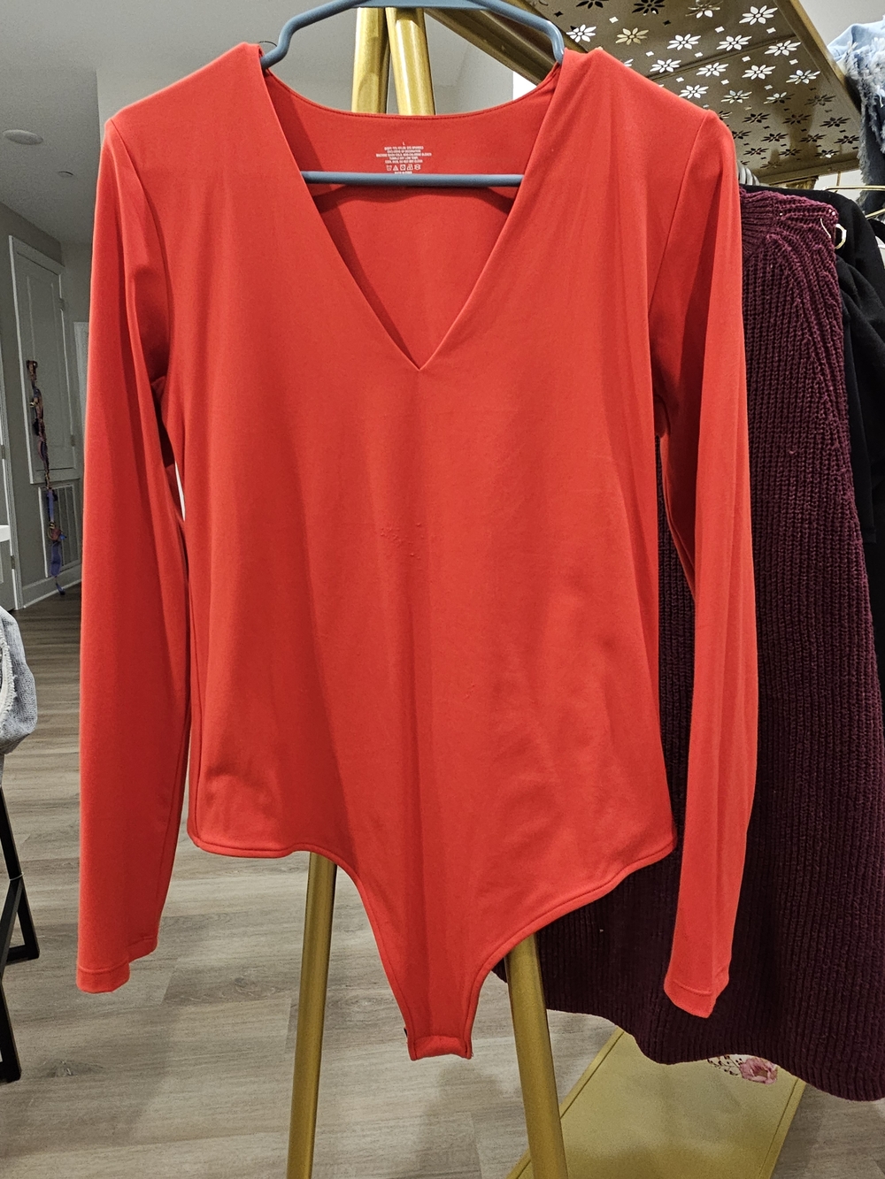 Red Long-Sleeve V-Neck Bodysuit Top